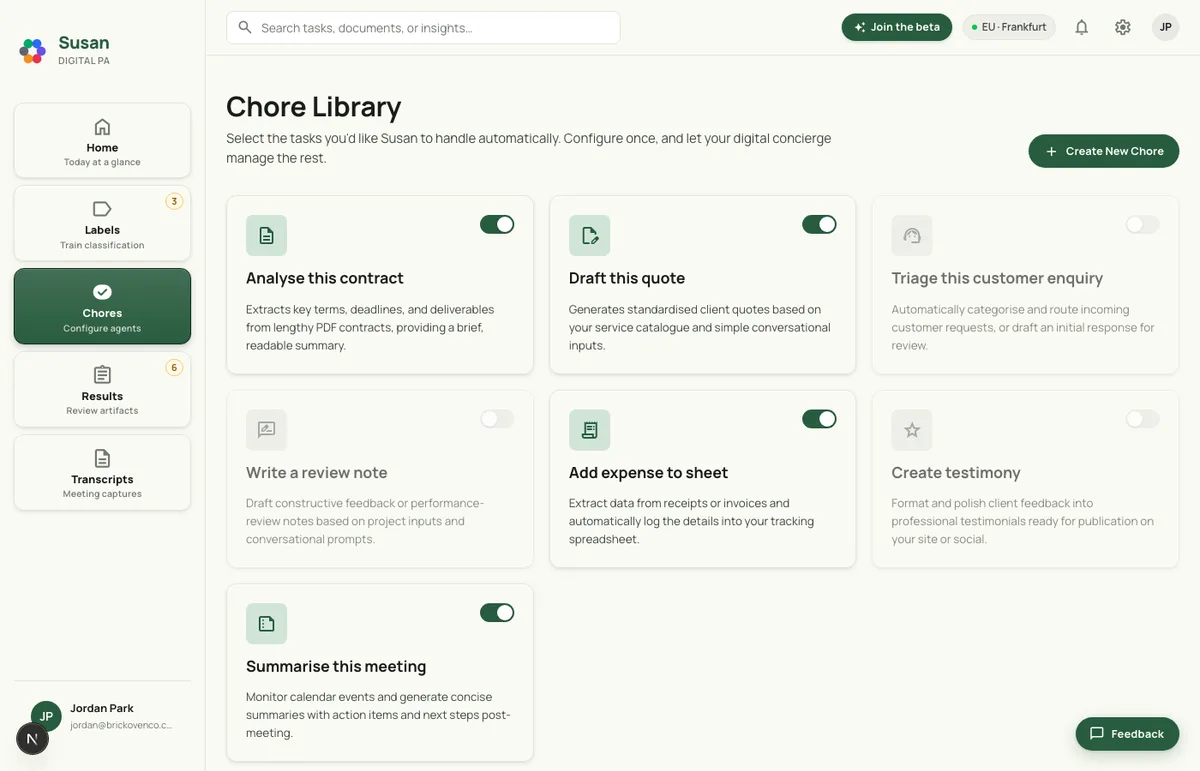 Susan's Chore Library: a grid of switchable chores including Analyse this contract, Draft this quote, Triage customer enquiry, Add expense, and Summarise this meeting.