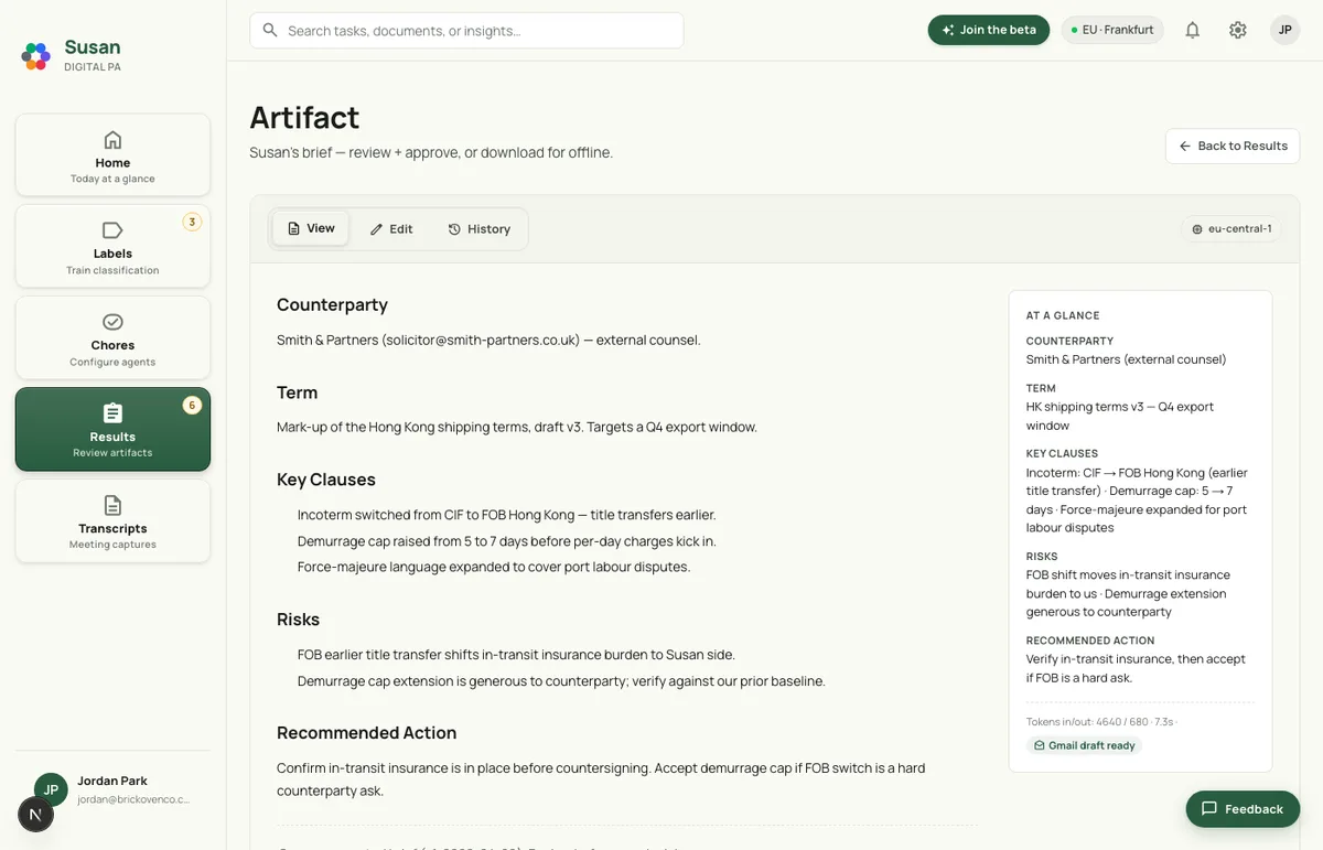 A Susan contract summary artifact showing counterparty, term, key clauses, risks, and a recommended action.