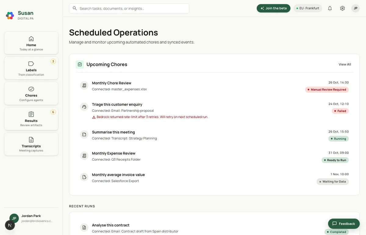 Susan's scheduled runs view listing chores that run on a schedule or are triggered by incoming email, each awaiting approval.
